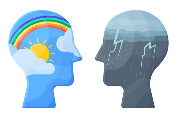 Psychology support, negative and positive mental health concept. Opposite bad and good states of mind vector illustration. Heads with different mental health mood. Sad and happy emotions